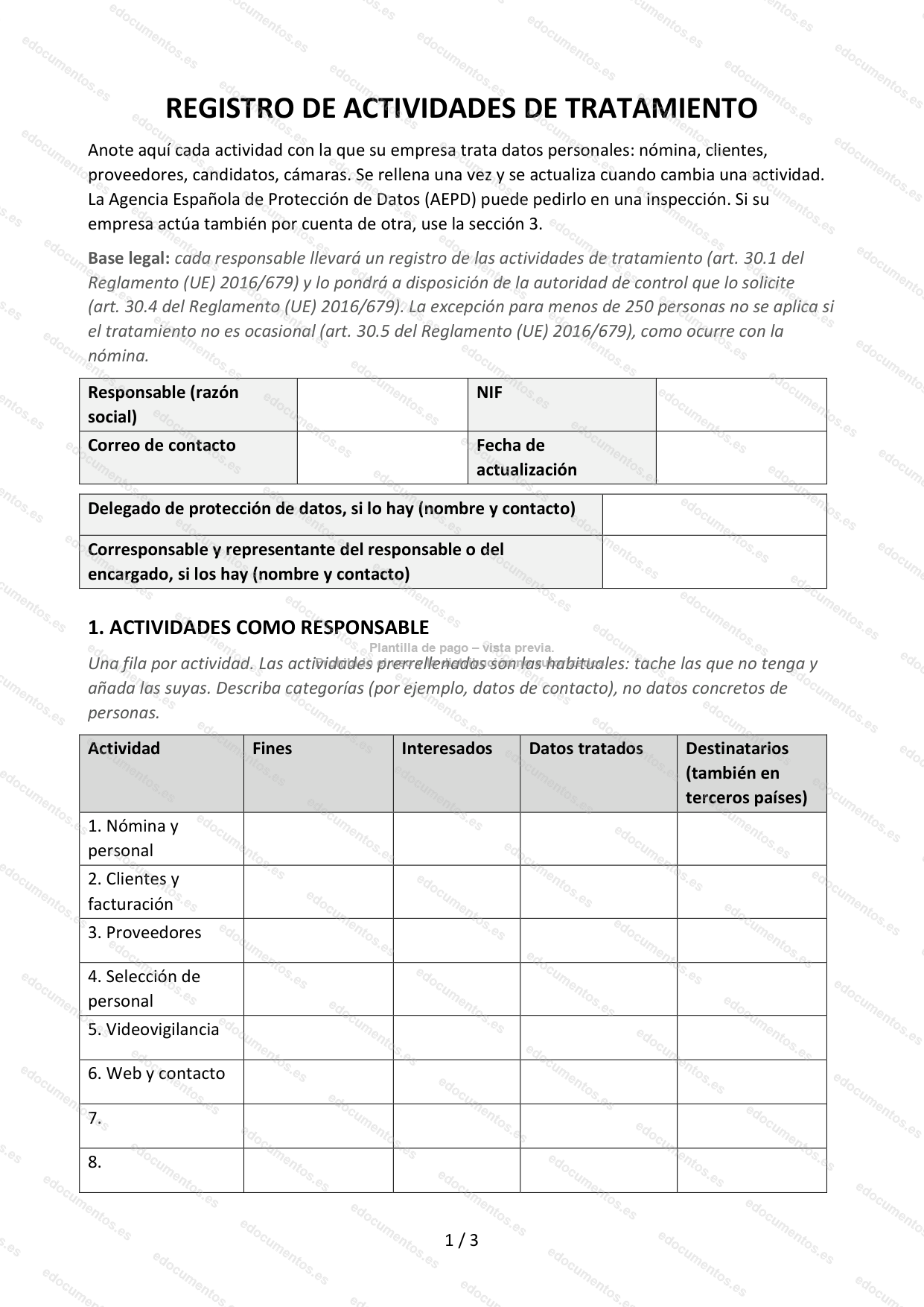 Registro de actividades de tratamiento (responsable y encargado) — Plantilla Word y PDF