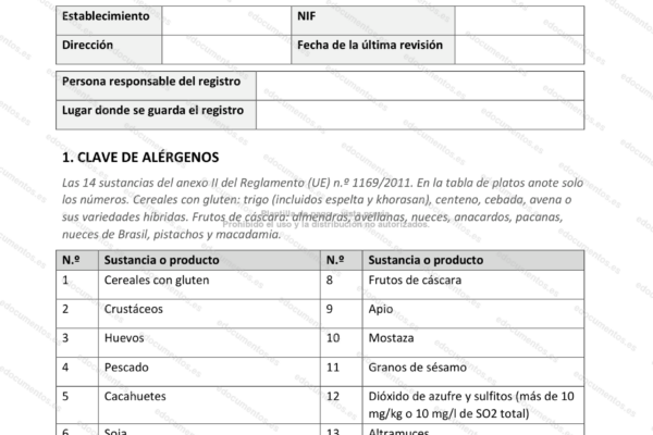Página 1 del registro de alérgenos, con la clave de las 14 sustancias.