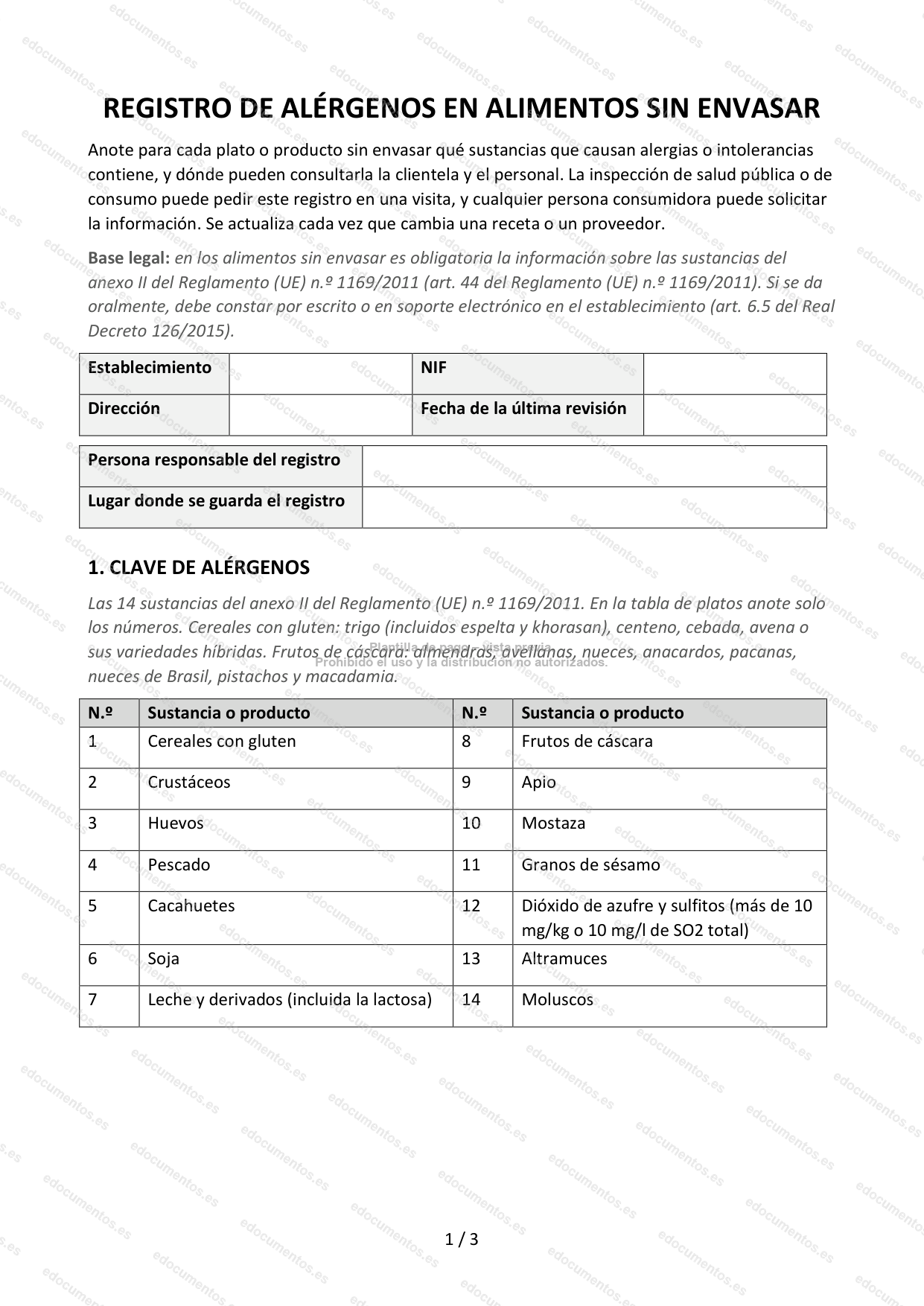 Registro e información de alérgenos en alimentos sin envasar — Plantilla Word y PDF