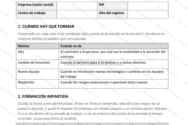 Página 1 del registro de formación preventiva, con el cuadro de motivos.
