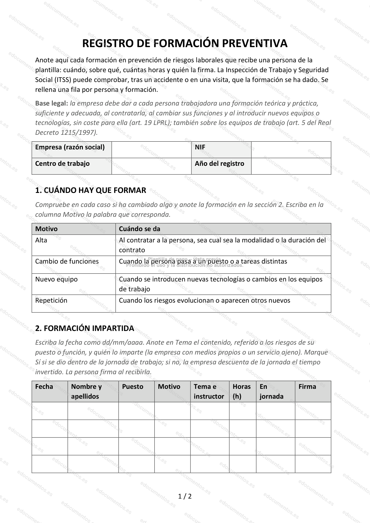 Registro de formación preventiva — Plantilla Word y PDF