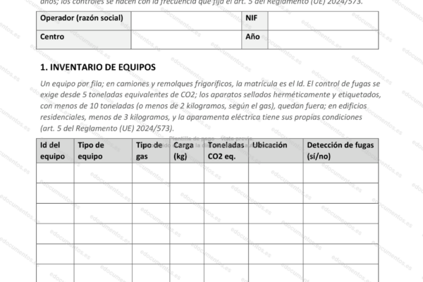 Página 1 del registro de gases fluorados, con la tabla de inventario de equipos.