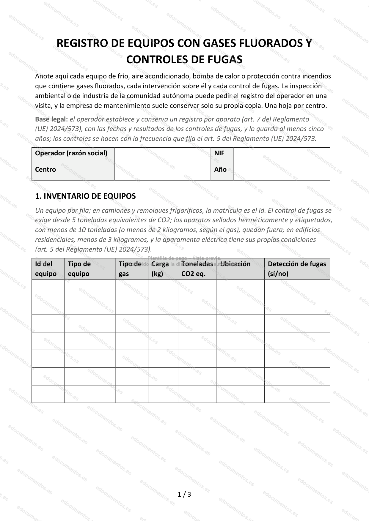 Registro de equipos con gases fluorados y calendario de controles de fugas — Plantilla Word y PDF