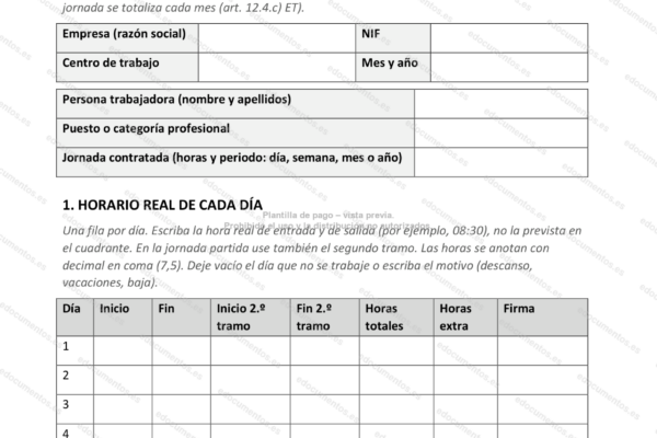 Página 1 de un registro diario de jornada, con la tabla de horarios por día.