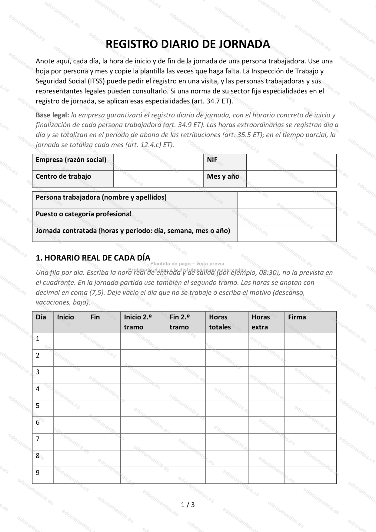 Registro diario de jornada — Plantilla Word y PDF