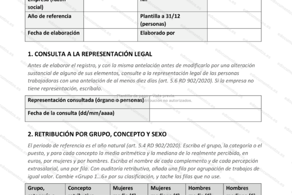 Página 1 del registro retributivo, con la tabla de salarios por grupo.