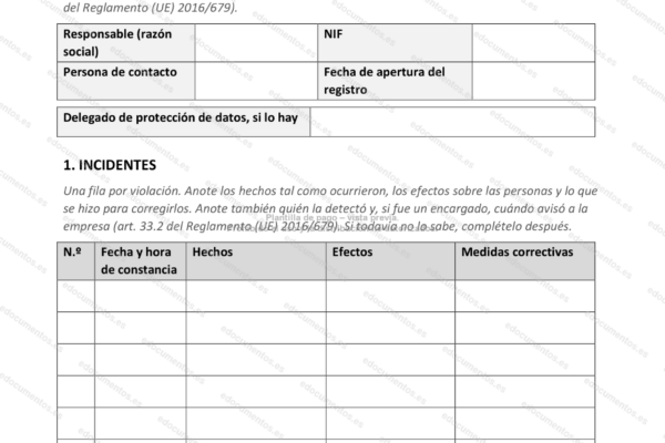 Página 1 del registro de violaciones de seguridad, con la tabla de incidentes.
