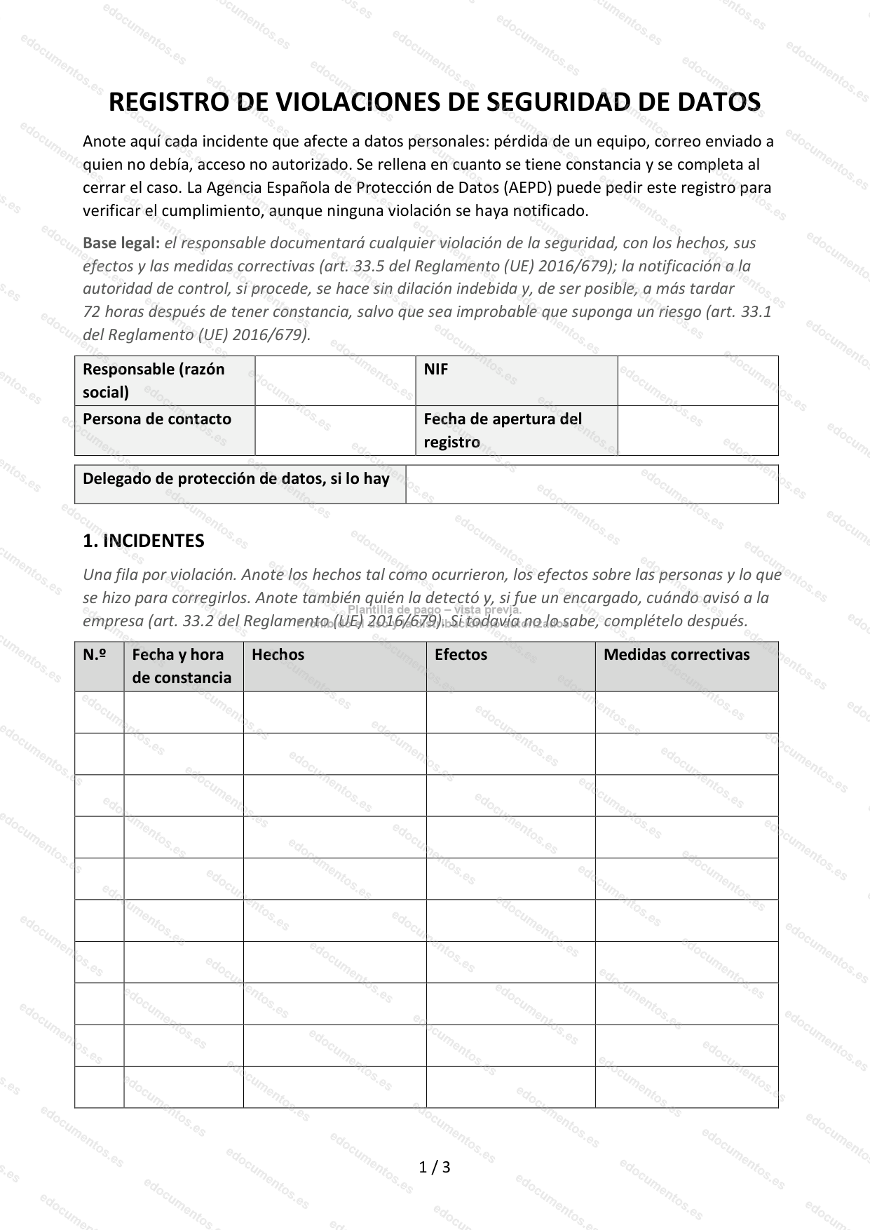 Registro de violaciones de seguridad de datos — Plantilla Word y PDF