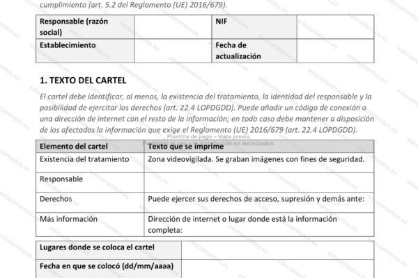 Página 1 de la ficha de videovigilancia, con la tabla de elementos del cartel.